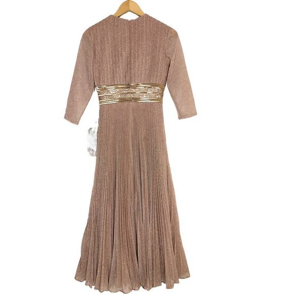 Mac Duggal 30750 Dress Shimmering 3/4 Sleeve Pleated A-Line Midi Rose Gold NWT 0 - Picture 7 of 13